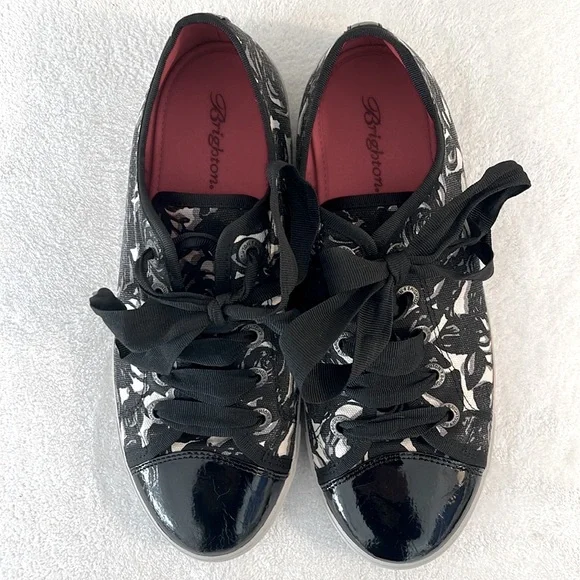 Brighton Black & Cream "Sketch" Floral Lace Sneakers with Patent Leather EUC - Picture 2 of 10